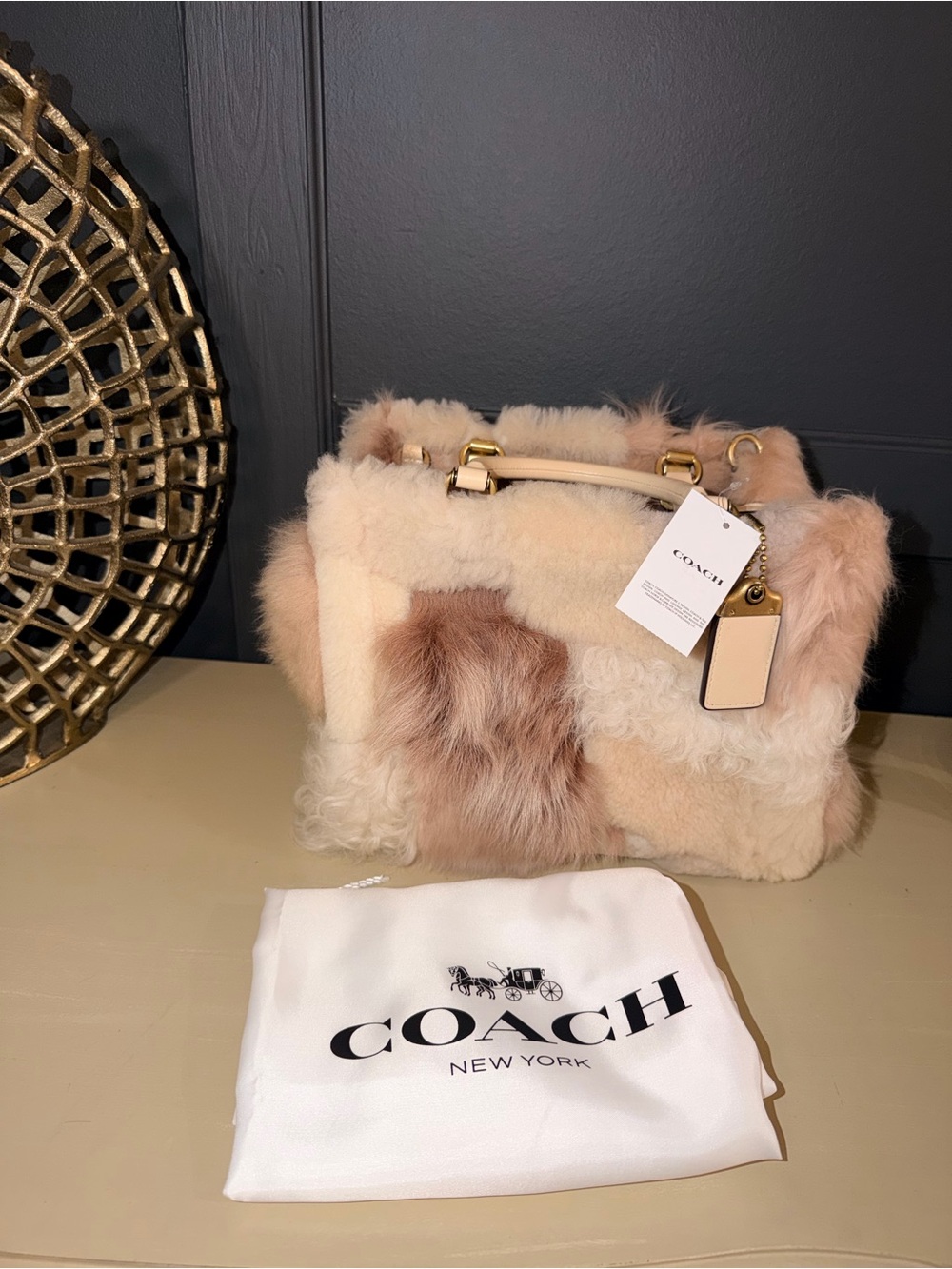 Plush Faux Fur Mini Satchel - Pink & Cream